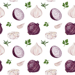 Seamless pattern with onions and garlic. Red onion whole and sliced. Garlic in cloves and slices. Parsley and rosemary. Spices for cooking. Watercolor illustration. Hand drawing. Decor for fabric