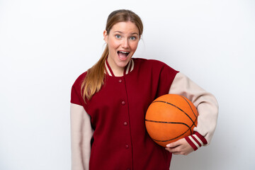 Young basketball player woman isolated on white background with surprise facial expression