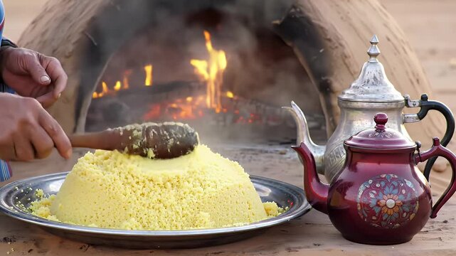 Preparing Traditional Moroccan Couscous in Outdoor Oven With Silver Teapot