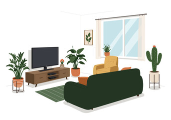 Stylish Modern Living Room with Plants and Cozy Furniture