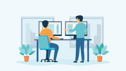 Two colleagues collaborating on a project with dual monitors in a modern office setting