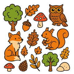 Whimsical Woodland Animals and Autumn Nature Doodle Set