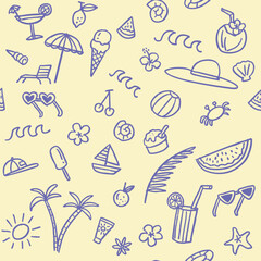 Playful whimsical Hand-Drawn summer themed holiday pattern doodles, vector illustration, lively summer vacation vibe
