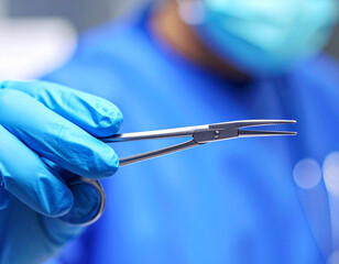 A surgeon in blue scrubs and gloves holds a pair of surgical forceps in preparation for a procedure.