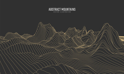 Contour mountain landscape. Waved line art. Abstract minimal topographic map. Contour lines with elevations and terrain depth. Vector illustration.