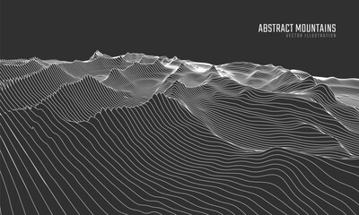 Contour mountain landscape. Waved line art. Abstract minimal topographic map. Contour lines with elevations and terrain depth. Vector illustration.