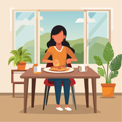 Fototapeta premium Woman having breakfast in the morning at home, vector illustration