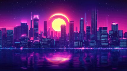 Retro skyline gleams beneath electric colors with a radiant neon sun and timeless echoes of synthwave and eighties culture