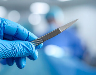 A gloved hand holds a surgical scalpel in a blurred operating room.