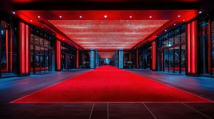 Red carpet entranceway, lit with vibrant red and blue lights