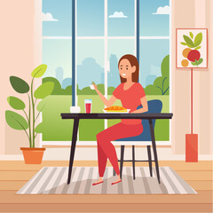 Fototapeta premium Woman having breakfast in the morning at home, vector illustration