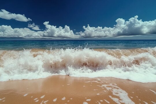 Slow motion waves gently crash on a serene sandy beach under a clear blue sky, Slow motion wave breaks on perfect sandy beach Blue sky over ocean horizon - Powered by Adobe