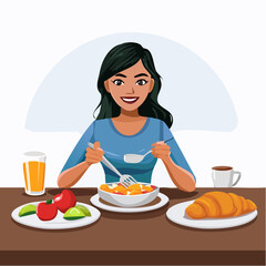 Woman having breakfast in the morning at home, vector illustration