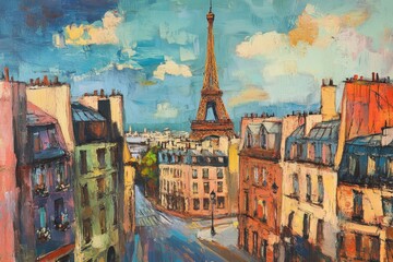 Vibrant view of Paris buildings and the Eiffel Tower against a colorful sky, Buildings of Paris and the Eiffel Tower