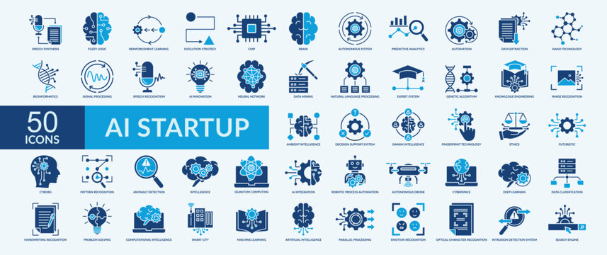 AI startup icon collection set with speech synthesis, fuzzy logic, reinforcement learning, evolution strategy, autonomous system