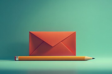 Bright red envelope and yellow pencil on teal background in a minimalist style, Mail and pencil Minimal cartoony 3D render