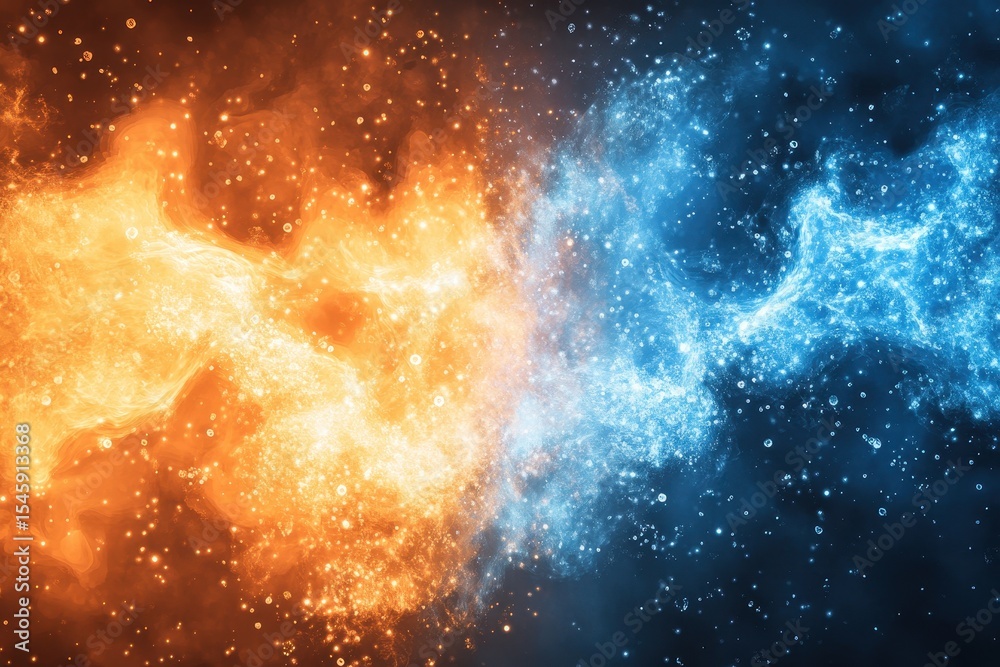 Poster dynamic interaction of orange and blue particles creating an abstract visual of energy and motion, a