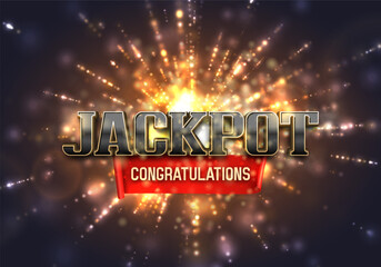 Shining sign Jackpot with red ribbon on a bright background. Vector illustration.