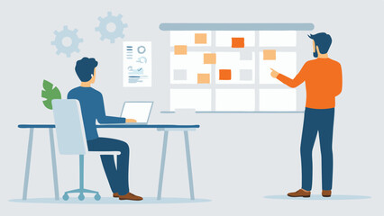 Business meeting with agile board and sticky notes team working on project management and planning