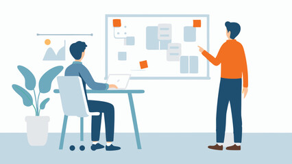 Business meeting illustration with two men discussing project on whiteboard in office environment with plant