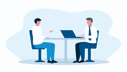 Two business men discussing project at table with laptop in light blue and white background