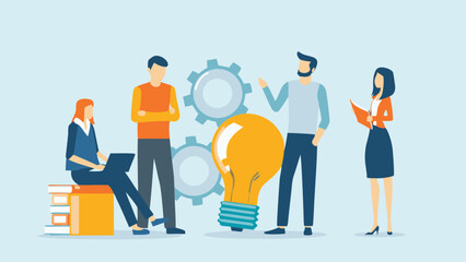 Teamwork and brainstorming session concept with people lightbulb and gears representing ideas and problem solving together