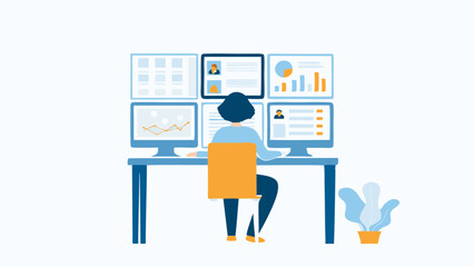 Woman working with multiple computer screens displaying data charts and profiles in a modern office setting