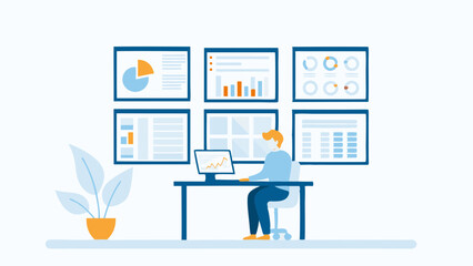 Data Analyst Working with Charts and Graphs on Multiple Screens in Modern Office