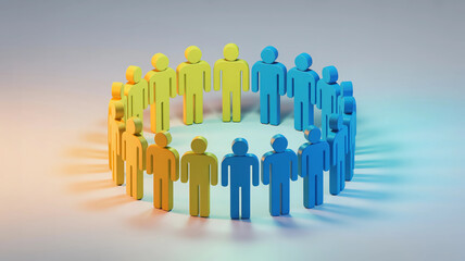 A circle of yellow and blue human figures standing together on a white surface in a studio shot