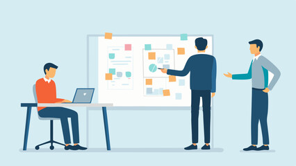 Business Team Brainstorming and Planning Strategy on Whiteboard with Sticky Notes and Laptop Vector Illustration