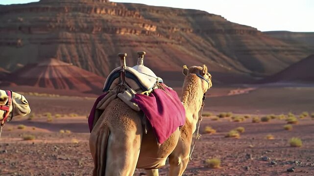 Camels Walk Through Desert Landscape with Mountain Backdrop During Sunset Golden Hour
