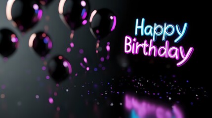 Glowing neon happy birthday text with floating black balloons and pink reflections on dark background, festive celebration atmosphere with bokeh lights.