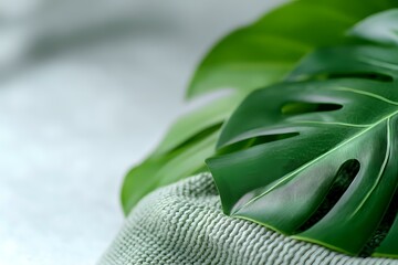 Fresh monstera leaf on soft gray textile background with selective focus and copy space, natural minimal composition for wellness and spa concept.