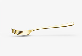 A sleek gold-plated fork with a reflective finish and a slightly curved handle. 3D Illustration
