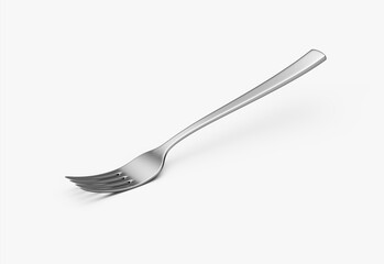 A sleek stainless steel fork with a reflective finish and a slightly curved handle. 3D Illustration