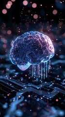 Glowing digital brain with circuit patterns floating over motherboard in dark space, illuminated by pink and blue lights with bokeh effect and streaming data particles.