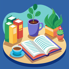 Open Book with a Cup of Coffee Illustration Representing Relaxation, Study Time, and Cozy Reading Moments