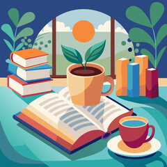 Open Book with a Cup of Coffee Illustration Representing Relaxation, Study Time, and Cozy Reading Moments