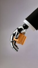 Robotic Hand Holding Small Orange Objects Against Grey Background