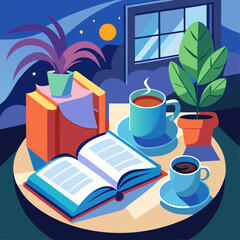 Open Book with a Cup of Coffee Illustration Representing Relaxation, Study Time, and Cozy Reading Moments