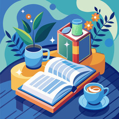 Open Book with a Cup of Coffee Illustration Representing Relaxation, Study Time, and Cozy Reading Moments