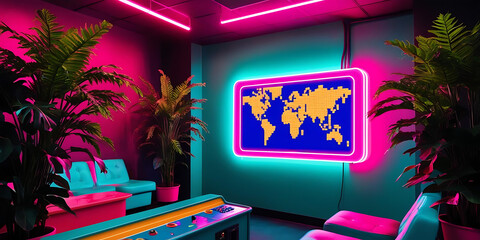 Stylish Lounge with World Map Wall and Greenery

