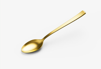 A shiny golden spoon with a reflective surface, slender handle and oval bowl. 3D Illustration.