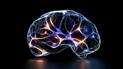 Glowing neural network visualization showing brain synapses and connections with blue and orange light effects on black background, representing artificial intelligence.