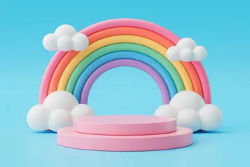 Pink baby kid product display podium platform with colorful rainbow and clouds on blue background
