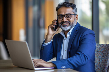 Focused Indian businessman speaking on mobile while working


