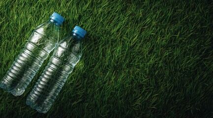 Fototapeta premium Two clear plastic water bottles rest on lush green grass, viewed from above; suggestive of environmental themes