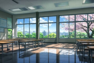 Bright and airy classroom with large windows showcasing a vibrant outdoor view and natural light illuminating the space, The scene is set in a well lit classroom with large windows anime Photo