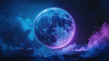 Futuristic city skyline under a glowing, vibrant blue and pink alien moon at night.
