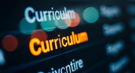 Glowing orange curriculum word illuminated on a modern digital dark screen